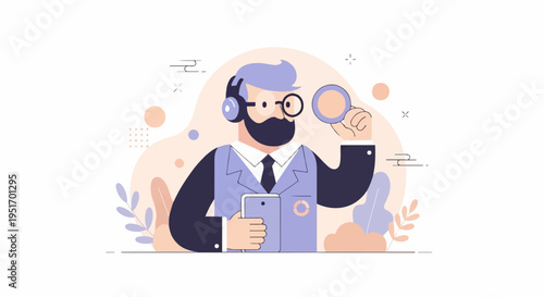 Man in suit with headphones and glasses, holding phone and magnifier