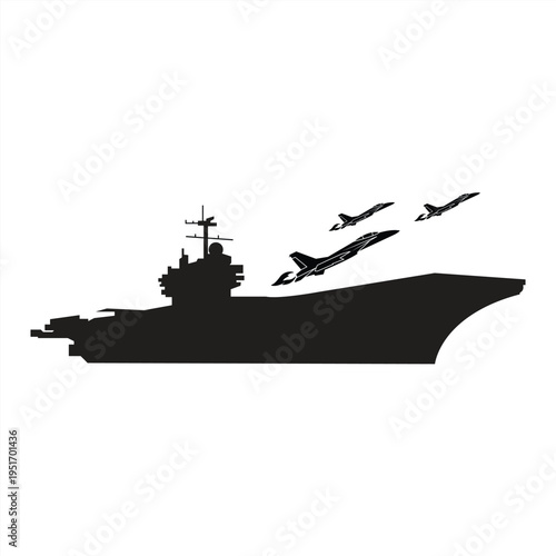 Aircraft carrier silhouette, fighter jet formation, military naval aviation, warship with jets, isolated sea operations chart, vector illustration