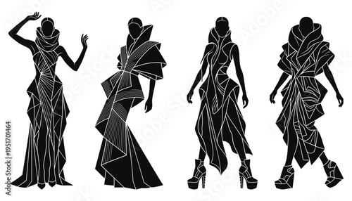 Avant garde fashion silhouettes in minimalist black and white style