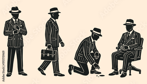 Retro underworld crime boss set of icons in black and white