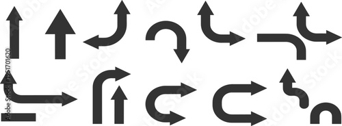 Collection of dark gray arrows pointing in various directions and curves on a white background