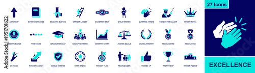 Excellence icon set. Containing trophy, medal award, laurel wreath, five stars, winner podium, champion belt, crown, team leader, verified badge and more. Solid fill icons collection.