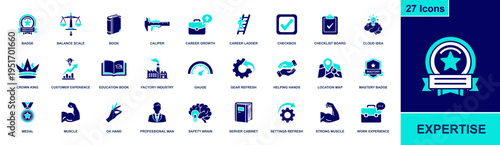 Expertise icon set. Containing mastery badge, career growth, checklist, education book, professional man, work experience, caliper tool, safety brain and more. Solid vector icons collection.