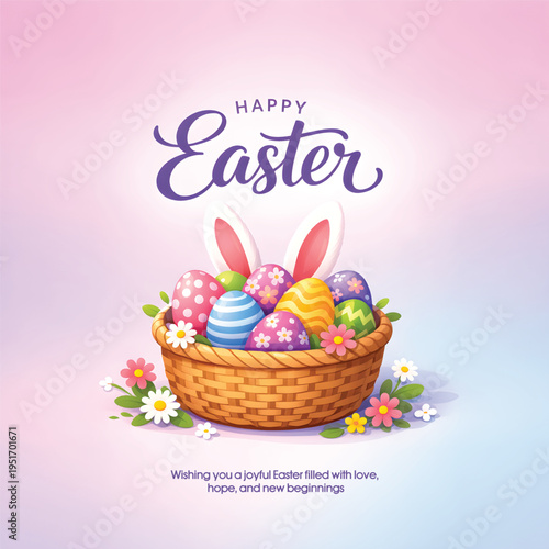 Happy Easter Celebration Background with Colorful Eggs, Spring Flowers, Bunny, Festive Greeting Card Design