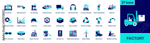 Factory icon set. Containing 3d printer, barcode scan, cnc machine, conveyor belt, forklift, robot arm, safety gear, warehouse, smart factory and more. Solid fill vector icons collection.