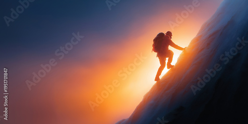 Alpinist climbing steep snowy mountain ridge at sunset
