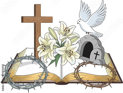 Christian Easter Symbols  Bible, Cross, Tomb, Dove, Lilies, and Crown of Thorns Illustration