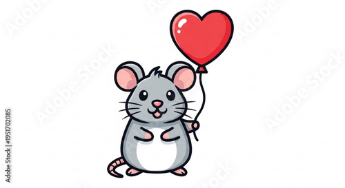Cute gray mouse holding red heart shaped balloon standing on hind legs with cheerful expression on face