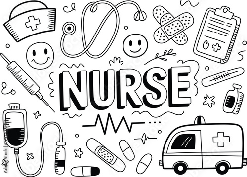 Doodle medical icon set, sketch style illustrations featuring nurse and healthcare elements with medical symbols tools and hospital graphics for creative design use.