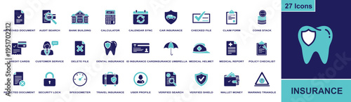 Insurance icon set. Containing claim form, audit, bank, calculator, car insurance, dental insurance, travel insurance, wallet, shield and more. Solid fill vector icons for insurance use.