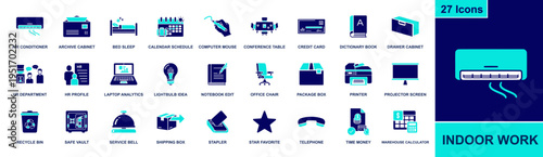 Indoor work icon set. Containing archive cabinet, calendar, laptop analytics, notebook, printer, office chair, projector screen, and more. Solid fill vector icons for office tasks.