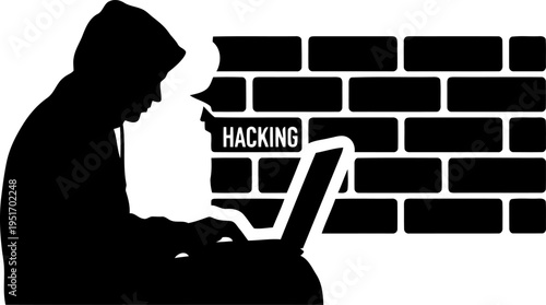 Person with hoodie using laptop behind firewall icon silhouette, hacking vs protection concept.