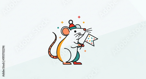 A cheerful cartoon mouse wearing a party hat holds a confetti popper on a light background with colorful sparks celebrating a festive occasion with joy and excitement
