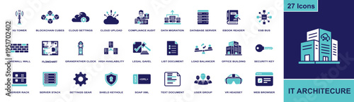 IT architecture icon set. Containing cloud upload, database server, firewall, load balancer, server rack, security key, web browser and more. Solid fill vector icons for enterprise systems.