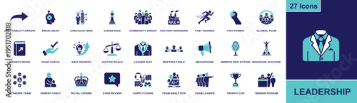 Leadership icon set. Containing team, strategy, growth, meeting, trophy, winner, global group, leader suit, megaphone and more. Solid fill vector icons collection for leadership concepts.
