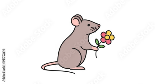 A cute brown mouse holds colorful flowers in its paws standing on hind legs with a sweet expression on a white background
