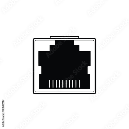 Black and white of an ethernet port connector on a white background