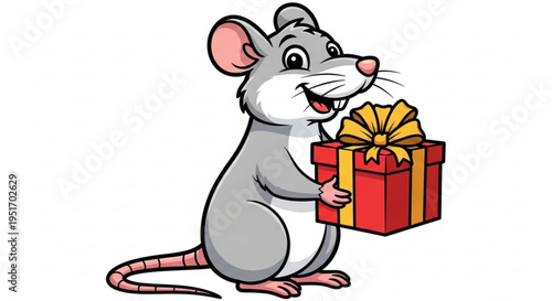 Smiling cartoon mouse holding a wrapped red gift box with yellow ribbon on white background symbolizing joy and celebration