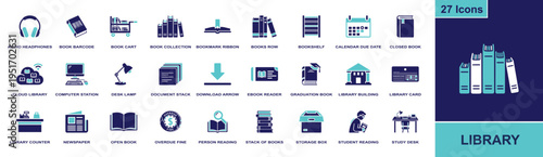 Library icon set. Containing bookshelf, book cart, cloud library, ebook reader, library card, open book, study desk, student, overdue fine and more. Solid fill vector icons collection.