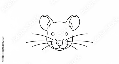 Simple line drawing of a mouse head with whiskers and ears on white background
