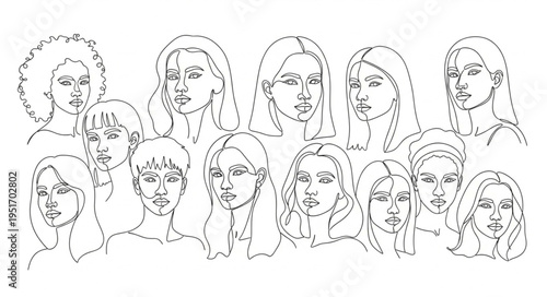Diverse group of women faces drawn with small dots.