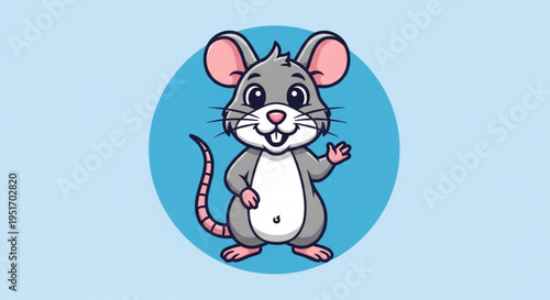Friendly cartoon mouse waving standing on blue background with white belly and pink ears