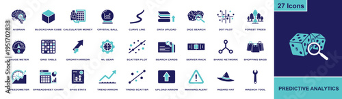 Predictive analytics icon set. Containing AI brain, scatter plot, trend chart, SPSS stats, data upload, ML gear, server rack, forecast, and more. Solid fill vector icons for data forecasts.