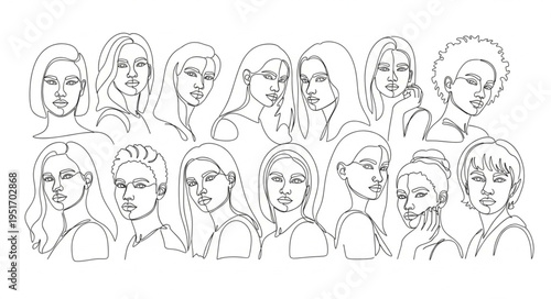 Diverse group of women faces sketched in black and white.