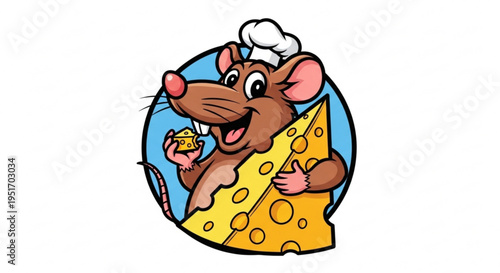 Cartoon mouse in chef hat holding cheese and smiling happily on blue background