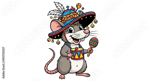 Cartoon mouse wearing sombrero and maracas festive party animal with colorful hat and musical instruments