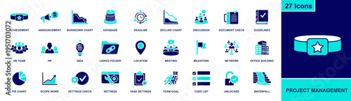 Project management icon set. Containing deadline, milestone, scope, meeting, task settings, todo list, network, waterfall, achievement and more. Solid fill vector icons collection.