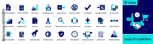 Quality control icon set. Containing audit clipboard, checklist verify, calibration tool, ISO 9001, quality policy, supplier check, todo list and more. Solid fill vector icons collection.
