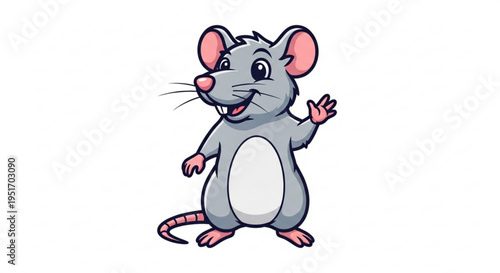 A cheerful cartoon mouse stands with one hand raised in greeting on a white background looking friendly and approachable with its pink nose and ears and a long tail