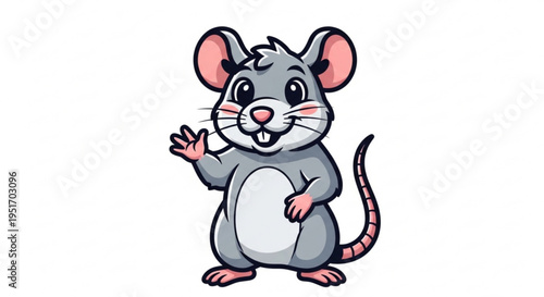A cheerful cartoon mouse waves with a friendly smile on its face standing on hind legs with a white background