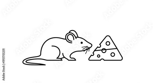 A curious mouse sniffs a wedge of cheese on a plain background simple line drawing