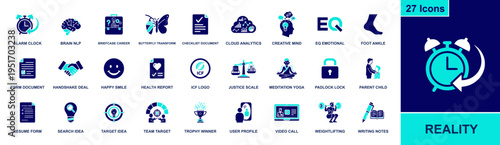Reality icon set. Containing alarm clock, brain nlp, emotional IQ, meditation, target idea, parent child, video call, weightlifting, checklist and more. Solid fill vector icons collection.