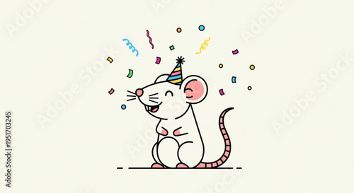 A cheerful cartoon mouse wearing a party hat celebrates with colorful confetti in the air on a festive occasion with joyful atmosphere and decorations