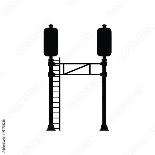 Black silhouette of railway signal post with two lights and ladder