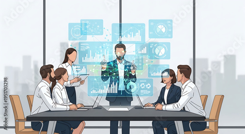 Collaborative team brainstorming and developing innovative business concepts using advanced AI idea generation technology with interactive holographic displays for creative solutions