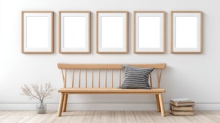 Gallery Wall Mockup with Five Frames above Bench, Styled Interior for Artwork Presentation