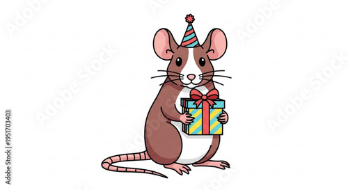 Brown mouse wearing party hat holds colorful gift box with red bow on white background