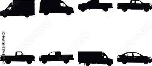 Group of black vehicle silhouettes: trucks, vans, and a sedan, presented on white.