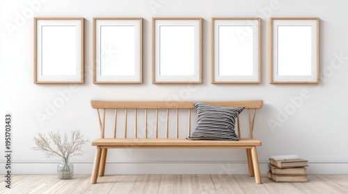 Gallery Wall Mockup with Five Frames above Bench, Styled Interior for Artwork Presentation