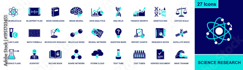 Science research icon set. Containing atom, DNA helix, microscope, neural network, lab flask, test tube, scientist, research notes, report and more. Solid fill vector icons collection.