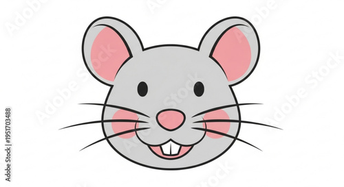 Smiling cartoon mouse face with pink ears and cheeks on white background