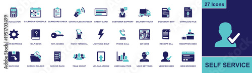 Self service icon set. Containing calculator, contactless payment, kiosk terminal, QR code, customer support, verified user and more. Solid fill vector icons collection for digital services.