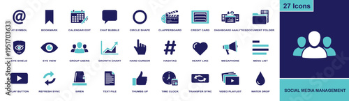 Social media management icon set. Containing analytics, chat, dashboard, megaphone, play button, video playlist, thumbs up, refresh sync and more. Solid fill vector icons collection.