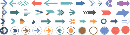 Collection of diverse flat arrow and circular shapes in various colors direction