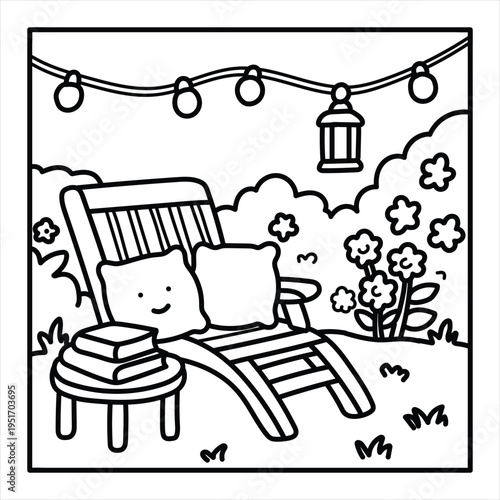 Garden lounge chair with pillows and books next to flowers and string lights, outdoor recreation sketch line art bold and easy coloring page for summer
