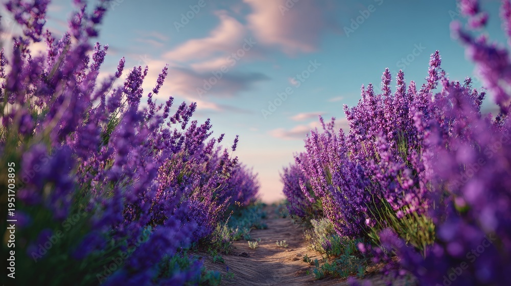 Obraz premium Rows of vibrant purple blossoms line a dirt path under a soft evening sky